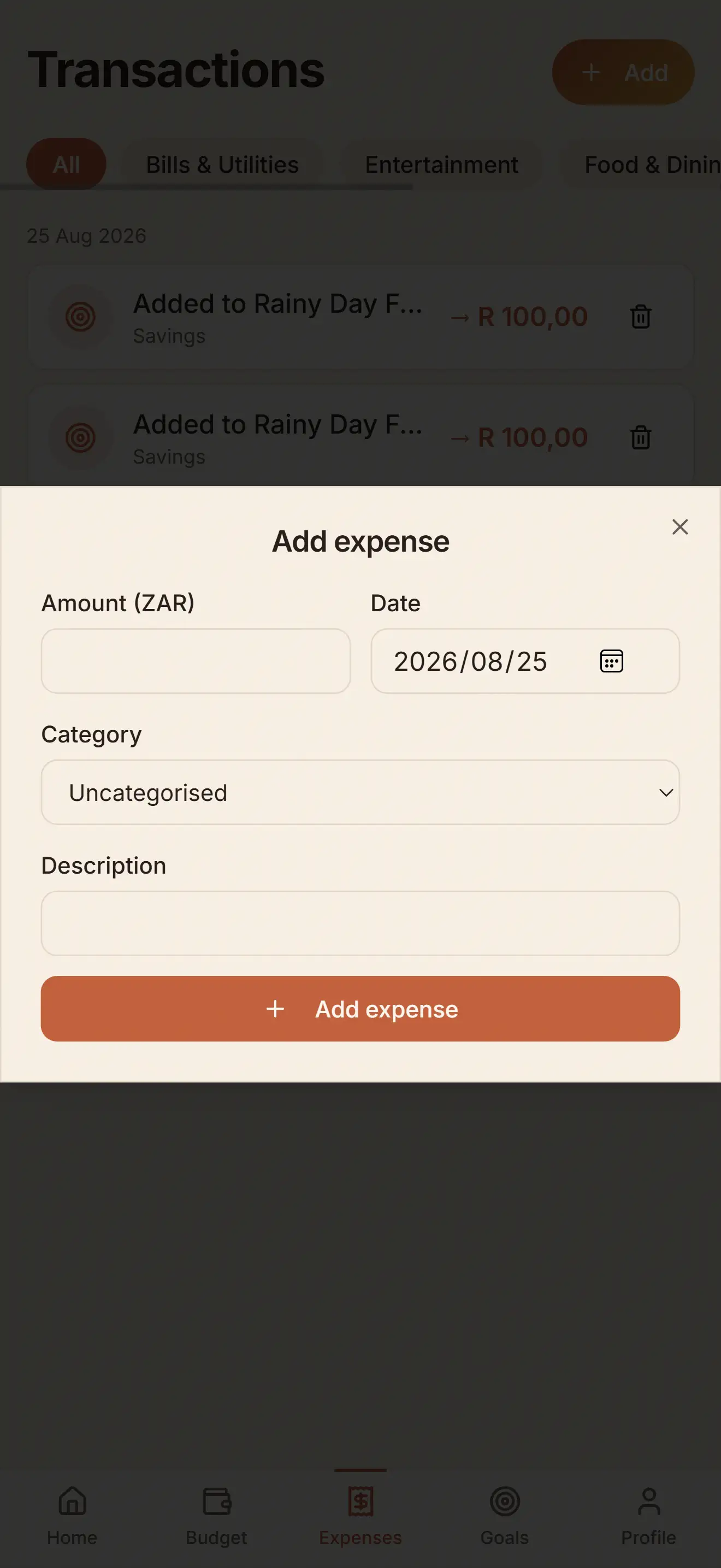 Crest add expense sheet with amount, date, category and description fields